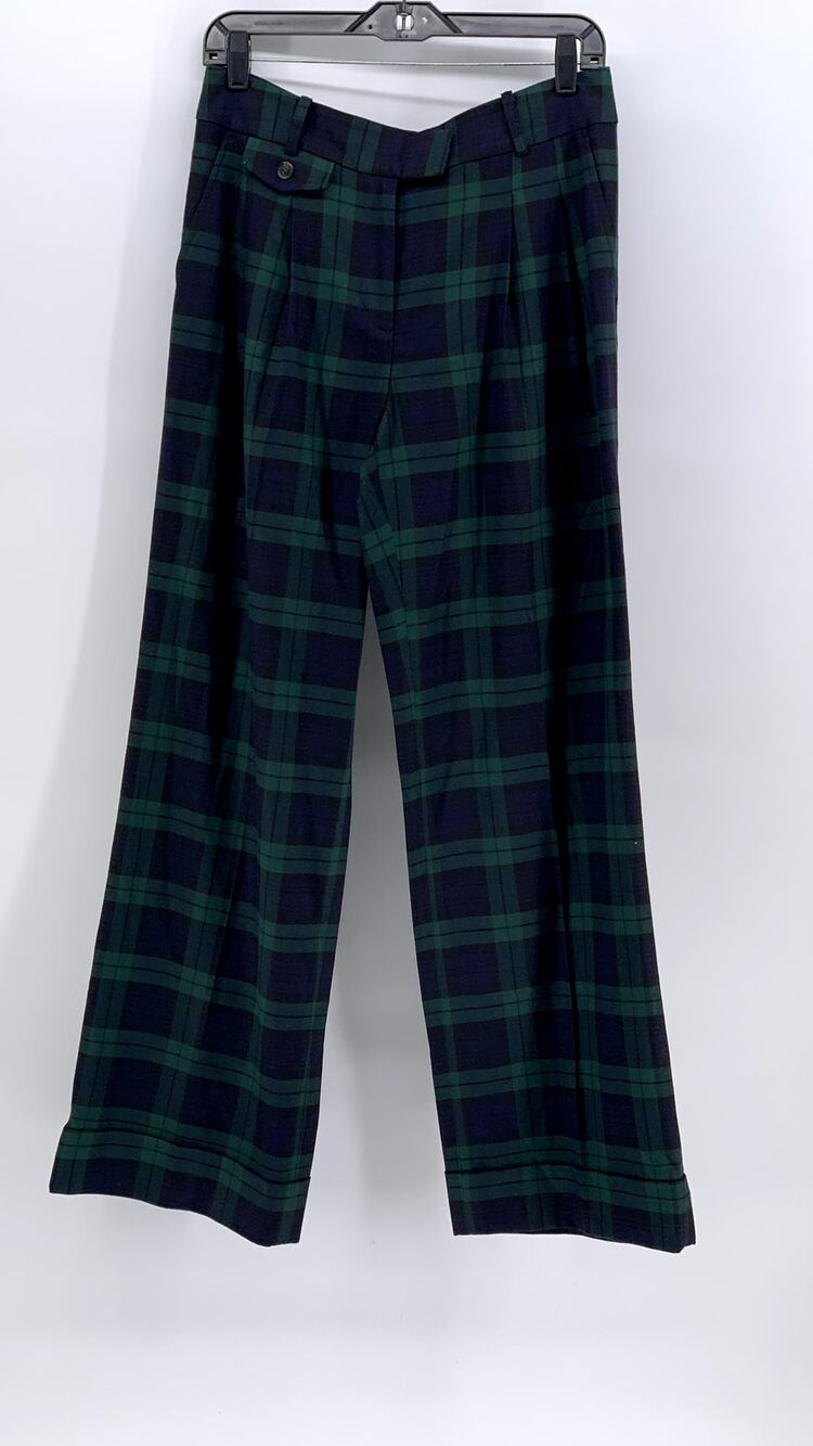 BROOKS BROTHERS Women's Green-Navy Plaid Wide-Leg Pant SZ 6